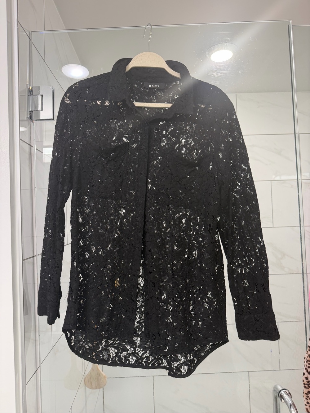 DKNY Black Sheer Lace Button-Down Shirt